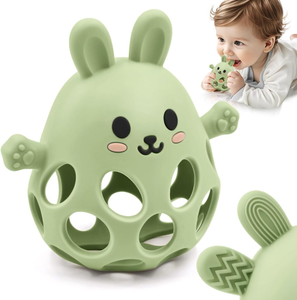 Bunny Shape Teething Toys for Baby, Food Grade Silicone Grasping Chew Toys for Autistic Children, Teething Relief Toys for Newborn Babies 3 6 12 18 Months Boys Girls Easter Baby Shower Gifts, Green